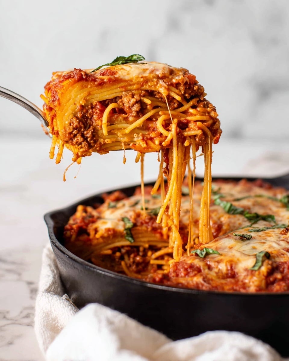 A black cast iron pan holds a baked spaghetti dish with visible layers: at the bottom, cooked spaghetti mixed with red tomato sauce and ground meat, in the middle, a thick layer of melted cheese browned slightly on top, scattered with fresh green basil leaves and shaved parmesan cheese. A slice has been taken out, revealing the dense spaghetti and sauce layers beneath the golden, bubbly cheese. A woman's hand wrapped in a white cloth holds the pan handle against a white marbled texture surface. Photo taken with an iphone --ar 4:5 --v 7