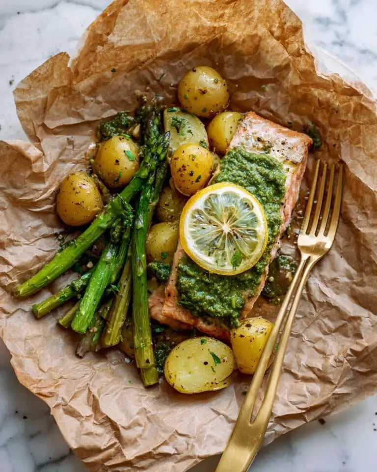Spring Salmon and Potato Parchment Packets with Pistachio Basil Pesto Recipe