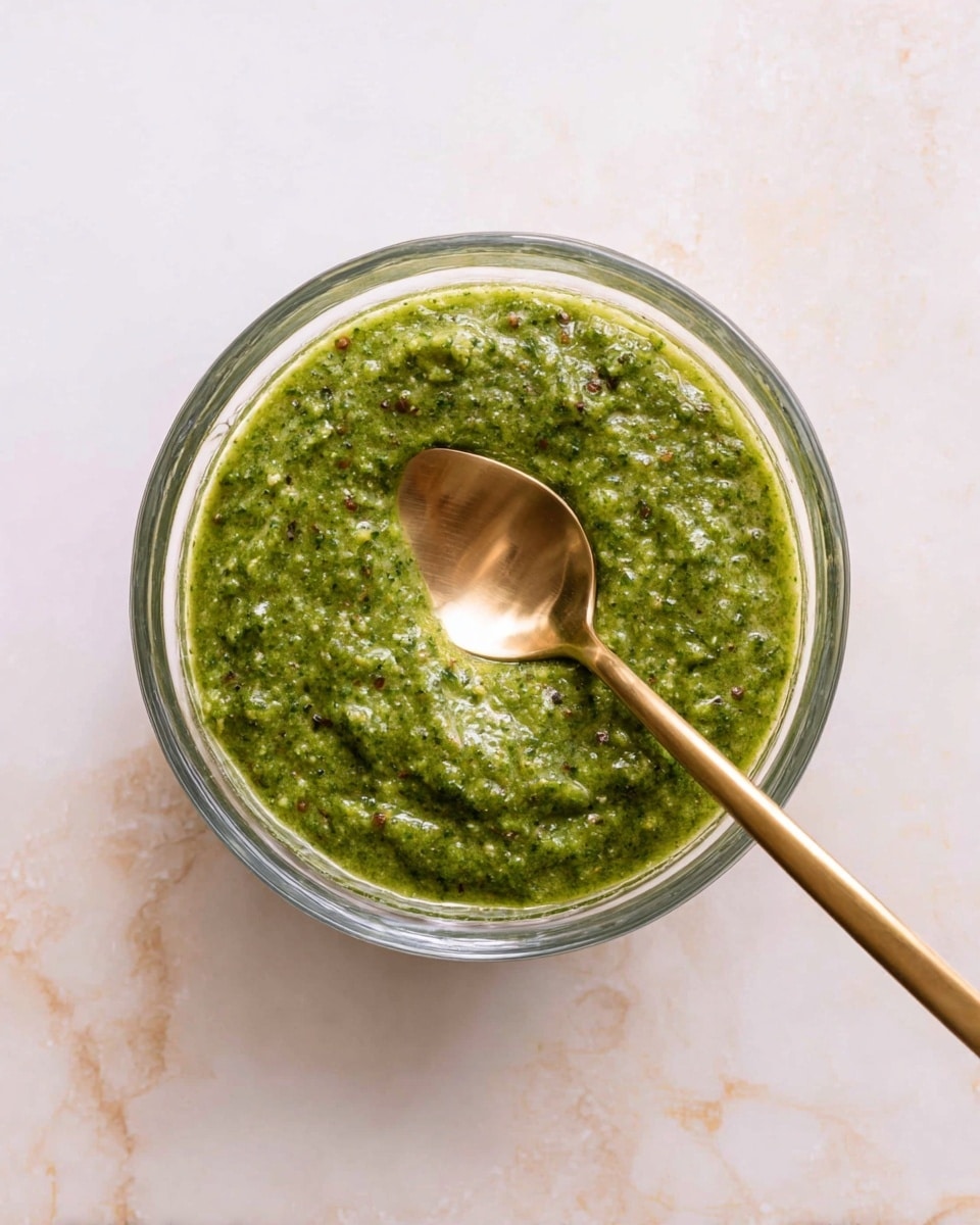 A clear glass bowl filled with a thick, textured green sauce that has small specks of darker green and brown throughout. A shiny golden spoon rests inside the sauce, partially submerged, with the handle extending out of the bowl. The bowl is placed on a white marbled surface with light beige veining. photo taken with an iphone --ar 4:5 --v 7