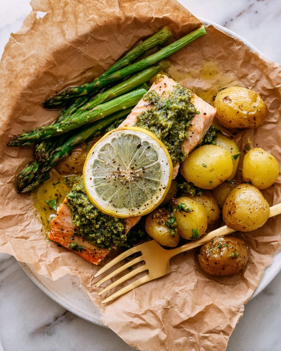 A crumpled sheet of light brown parchment paper holds a cooked salmon fillet topped with a bright green pesto sauce and a thin slice of yellow lemon sprinkled with black pepper. Next to the salmon are cooked golden baby potatoes covered lightly with pesto, and several dark green asparagus spears arranged on the left side of the fish. A gold-colored fork rests inside on the right near the potatoes. The whole scene is on a white marbled surface. photo taken with an iphone --ar 4:5 --v 7