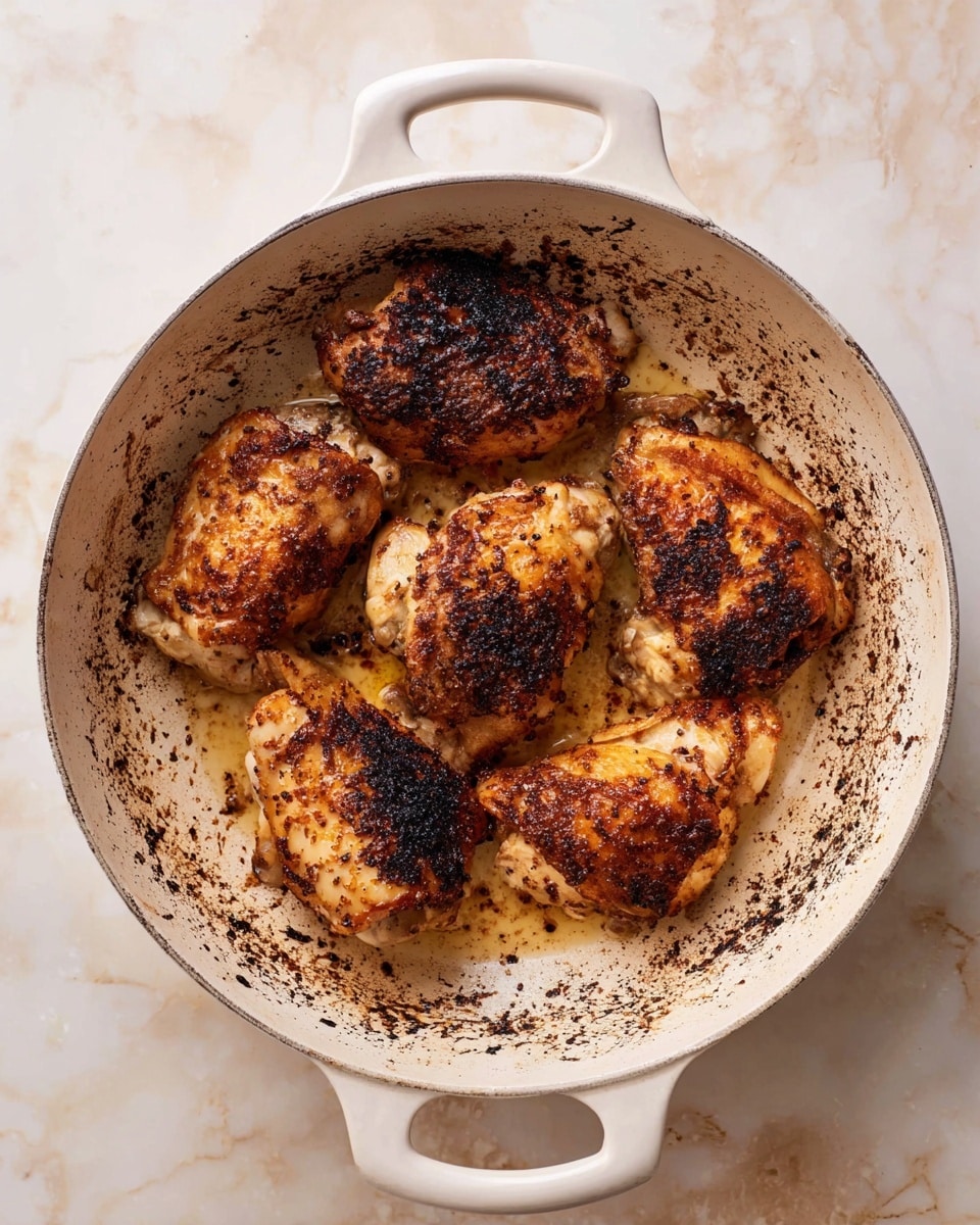 A white pan with two handles holds five browned pieces of cooked chicken with a crispy, dark golden crust scattered across the inside. The chicken parts vary in size and shape, resting on a cream-colored base with blackened spots from cooking. The pan sits on a white marbled surface with light beige and soft brown marks around it. photo taken with an iphone --ar 4:5 --v 7