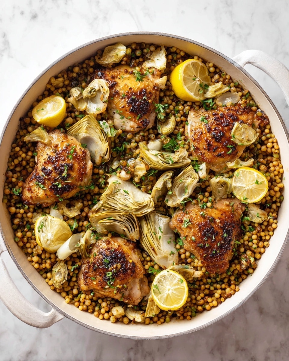 A white round baking dish holds a layered meal with four browned pieces of chicken on top, each with charred marks and a slightly crispy texture. Beneath and around the chicken is a layer of small, round, golden-brown couscous mixed with green herbs and pieces of cooked artichoke hearts that are pale yellow with some charred edges. Lemon wedges with bright yellow skin and light yellow interiors are placed on the dish, adding a fresh look. The dish is set on a white marbled surface. photo taken with an iphone --ar 4:5 --v 7