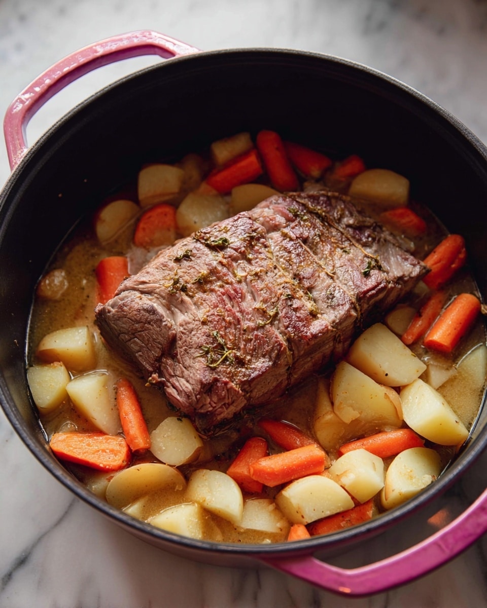 Inside a large black pot with pink handles, a thick piece of cooked meat with a browned, slightly textured surface sits in the center. Surrounding the meat, there are evenly chopped vegetables including light cream-colored potatoes and bright orange carrots, all sitting in a shallow layer of light brown broth. The pot rests on a white marbled surface in soft, natural light. photo taken with an iphone --ar 4:5 --v 7