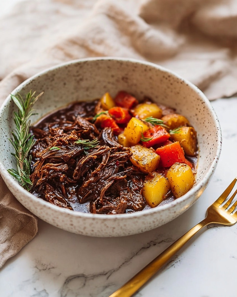 The image shows a white speckled bowl filled with a stew. On one side, there are dark brown, tender shredded pieces of meat, topped with a small green herb sprig. On the other side, chunks of orange and red vegetables sit in a shiny, thick brown sauce. The bowl rests on a white marbled surface, with a few green herb leaves nearby. photo taken with an iphone --ar 4:5 --v 7