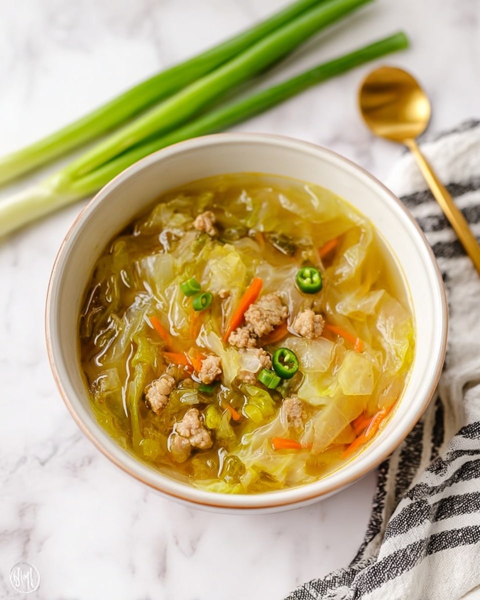 The image shows a large white pot filled with hot soup containing light brown broth, shredded cabbage, minced meat, and small pieces of green onion floating on top. A wooden spoon with dark brown handle is stirring the soup inside the pot. Next to the pot, there is a small white bowl holding a reddish sauce with a silver spoon resting in it. Behind the pot, three stacked white empty bowls are visible on a white marbled surface. Green onion stalks and some chopped green onion are scattered around the pot, and a white kitchen towel with black checks lies near the bottom right corner. Photo taken with an iphone --ar 4:5 --v 7