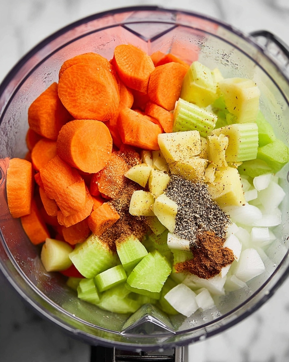 Inside a clear blender container, there are layers of chopped vegetables and spices. At the bottom left, bright orange carrot slices are stacked closely. Above and to the center left, light green celery pieces are scattered, showing their ridged texture clearly. To the right, white onion chunks form a roughly even layer. On the carrots and mostly centered, small pale yellow chunks of fresh ginger root are spread. Sprinkled over the vegetables are dark ground black pepper and a small heap of brown ground spice near the bottom right. The container rests on a white marbled surface. photo taken with an iphone --ar 4:5 --v 7