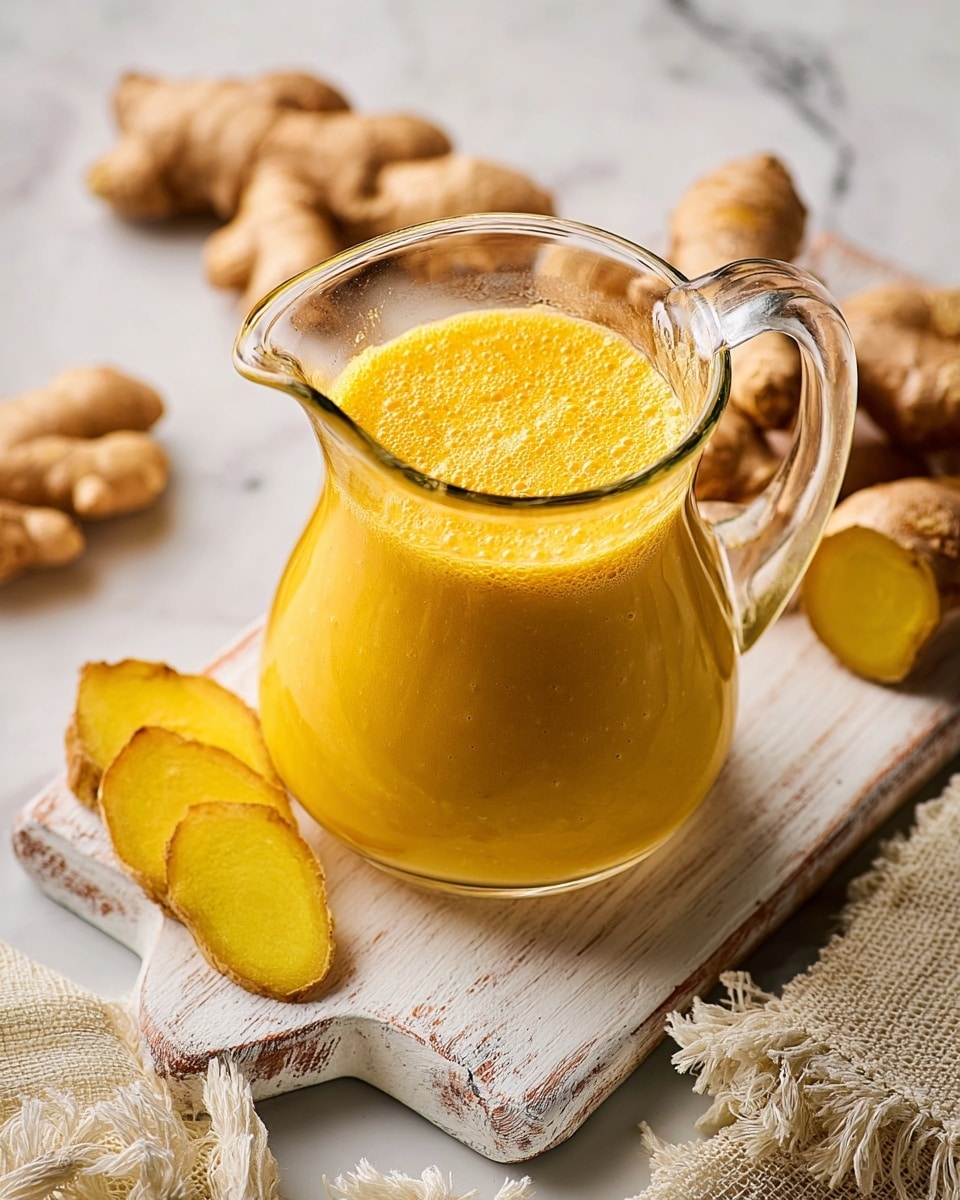 A clear glass pitcher filled with a thick, smooth yellow-orange sauce with a slightly textured surface, placed on a white rustic wooden board. Surrounding the pitcher are several pieces of whole and sliced fresh ginger root with light brown skin and bright yellow interior, all set on a white marbled surface. A textured beige cloth with white fringe is partly visible at the bottom right corner. photo taken with an iphone --ar 4:5 --v 7