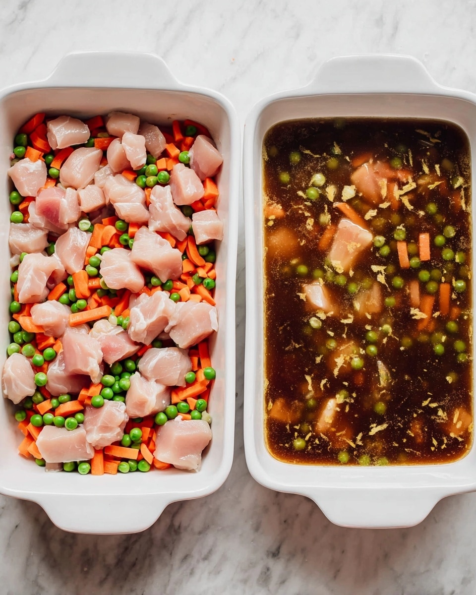 The image shows two white baking dishes placed side by side on a white marbled surface. In the left dish, there is one layer of small pieces of raw light pink chicken scattered unevenly on top of a mix of bright orange carrot sticks and small green peas. The right dish shows the same ingredients, but now they are covered in a dark brown liquid broth, with the chicken pieces, carrot sticks, and peas still visible underneath. The colors contrast with the light raw chicken, bright vegetables, and the rich dark broth. Photo taken with an iphone --ar 4:5 --v 7