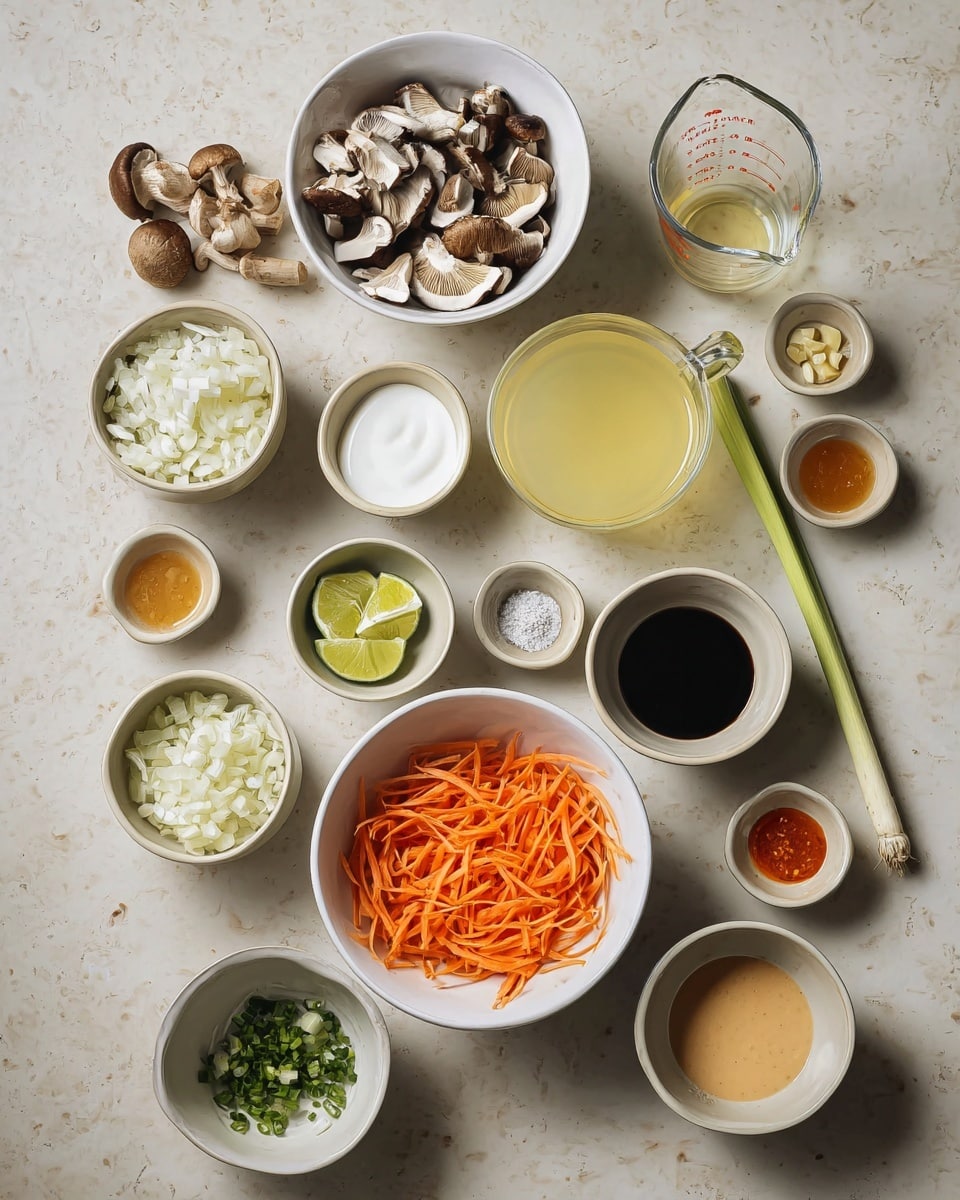 A top view of many small white bowls filled with different ingredients spread out on a white marbled surface. In the center, there is one bowl with sliced brown and white mushrooms, above it a bowl with white cream and to its right a clear glass measuring cup with light yellow liquid. Below the mushroom bowl, there is a larger white bowl filled with thin, orange carrot strips. Around these main bowls, there are smaller bowls containing chopped white onions, chopped green herbs, black and light brown sauces, lime wedges, minced garlic, and other small ingredients in various creamy beige bowls. One light green lemongrass stick lies to the right beside two small bowls of sauces. photo taken with an iphone --ar 4:5 --v 7