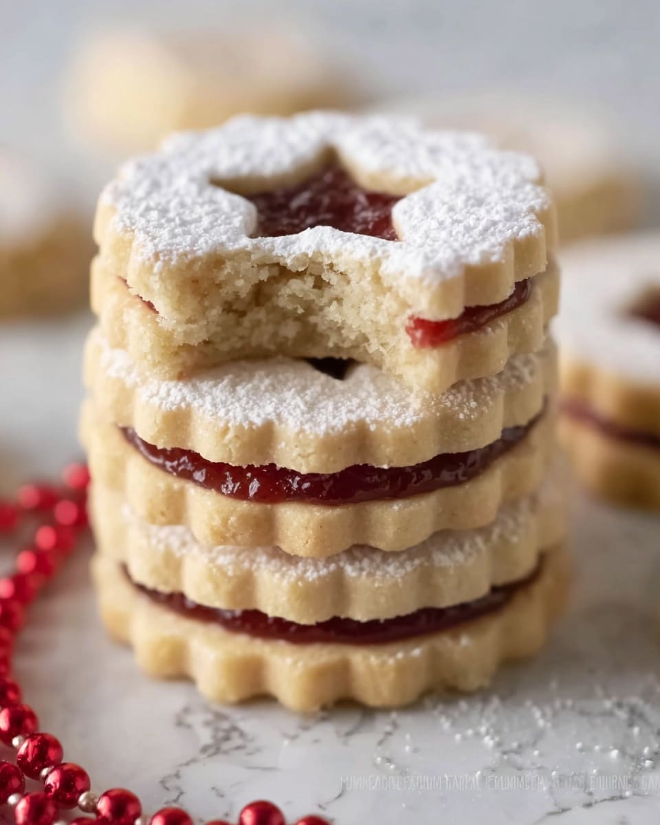 Several round cookies with scalloped edges lie on a white marbled surface. Each cookie has two layers: a bottom golden-brown baked base and a top layer dusted heavily with white powdered sugar. The top layer has small cut-out shapes like a snowman, Christmas tree, star, and candy cane that show a dark red jam underneath with a shiny, slightly sticky texture. The cookies are neatly placed with some space between them, and there are round red beads partially visible at the right edges. photo taken with an iphone --ar 4:5 --v 7