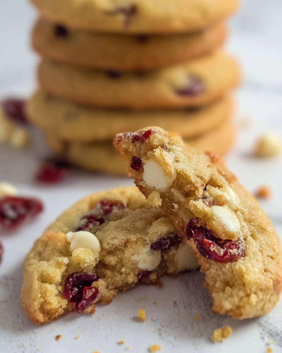 A stack of eight golden brown cookies with slightly crispy edges and soft centers, each cookie showing visible bits of white chunks and red dried fruit pieces scattered throughout. The cookies have a slightly uneven texture with some slight puffiness and a few crumbs around the base of the stack. The stack is placed on a white marbled surface with some out-of-focus cookies and reddish shapes in the background. Photo taken with an iphone --ar 4:5 --v 7