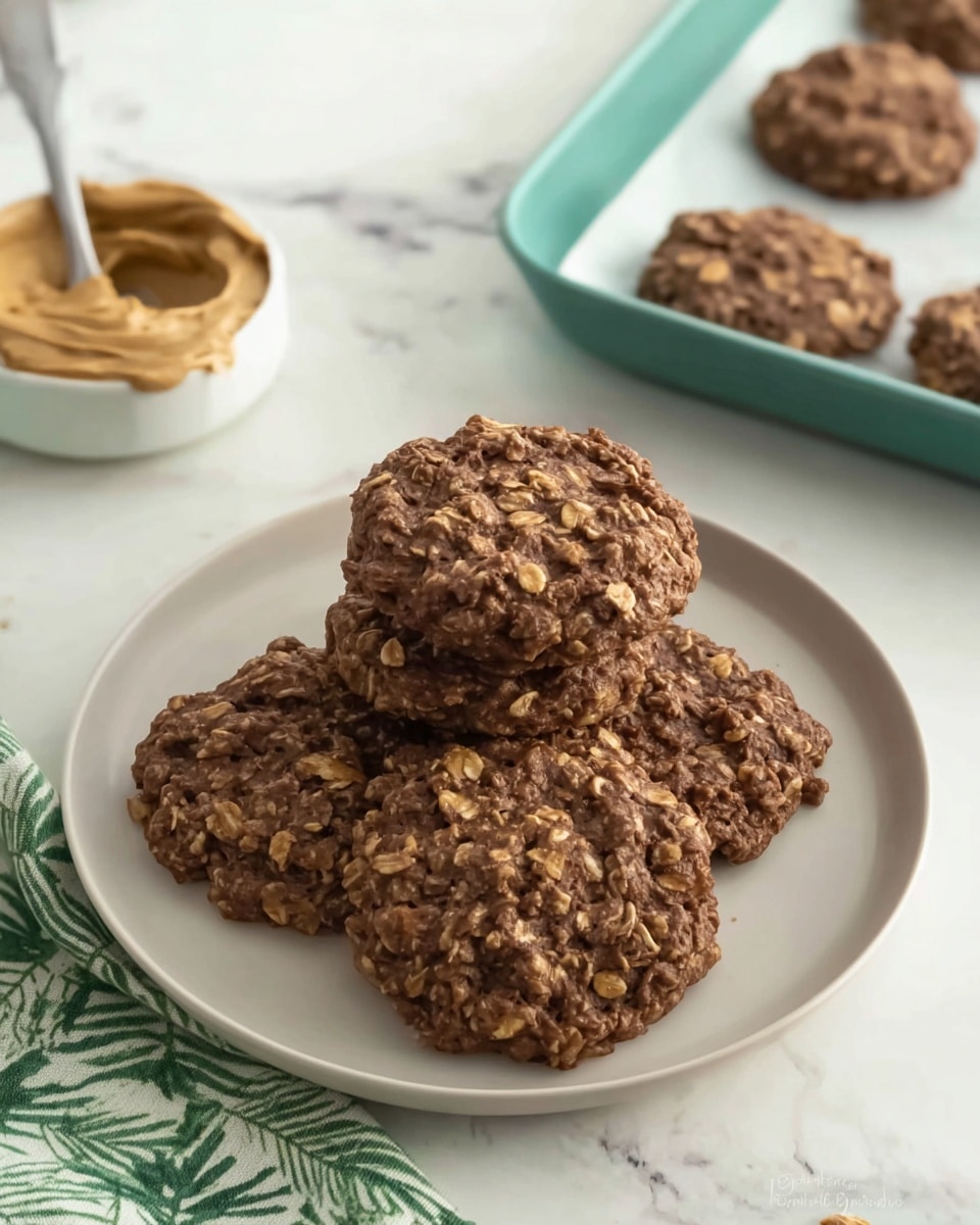 Five oatmeal cookies with a rough texture and dark brown color are stacked on a white plate. The cookies show visible oats on top, giving them a chunky look. To the top left side, there is a white bowl with creamy peanut butter and a metal spoon inside. A teal baking tray with more cookies on parchment paper is partly visible on the top right side. The whole scene is set on a white marbled surface, with a green and white patterned cloth at the bottom edge. Photo taken with an iphone --ar 4:5 --v 7