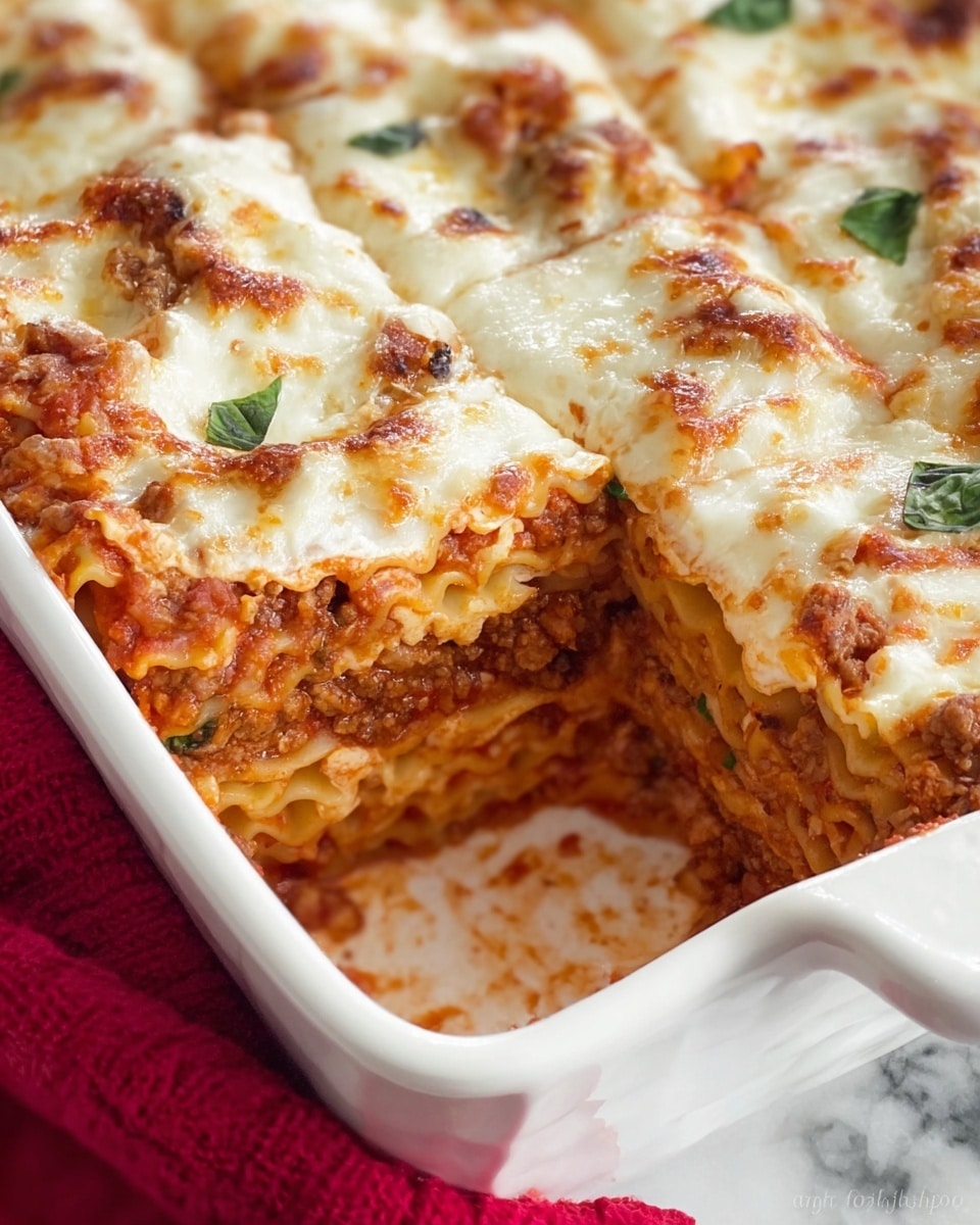 A close-up view of a baked pasta dish in a white rectangular casserole with several layers visible; the bottom layer consists of cooked ground meat mixed with thick red tomato sauce, above it a thick layer of pasta pieces, then another layer of rich tomato sauce, all topped with a thick layer of melted white cheese browned in spots with a few green basil leaves scattered on top, one slice partially lifted showing the layers, the casserole set on a white marbled surface with a red fabric nearby; photo taken with an iphone --ar 4:5 --v 7