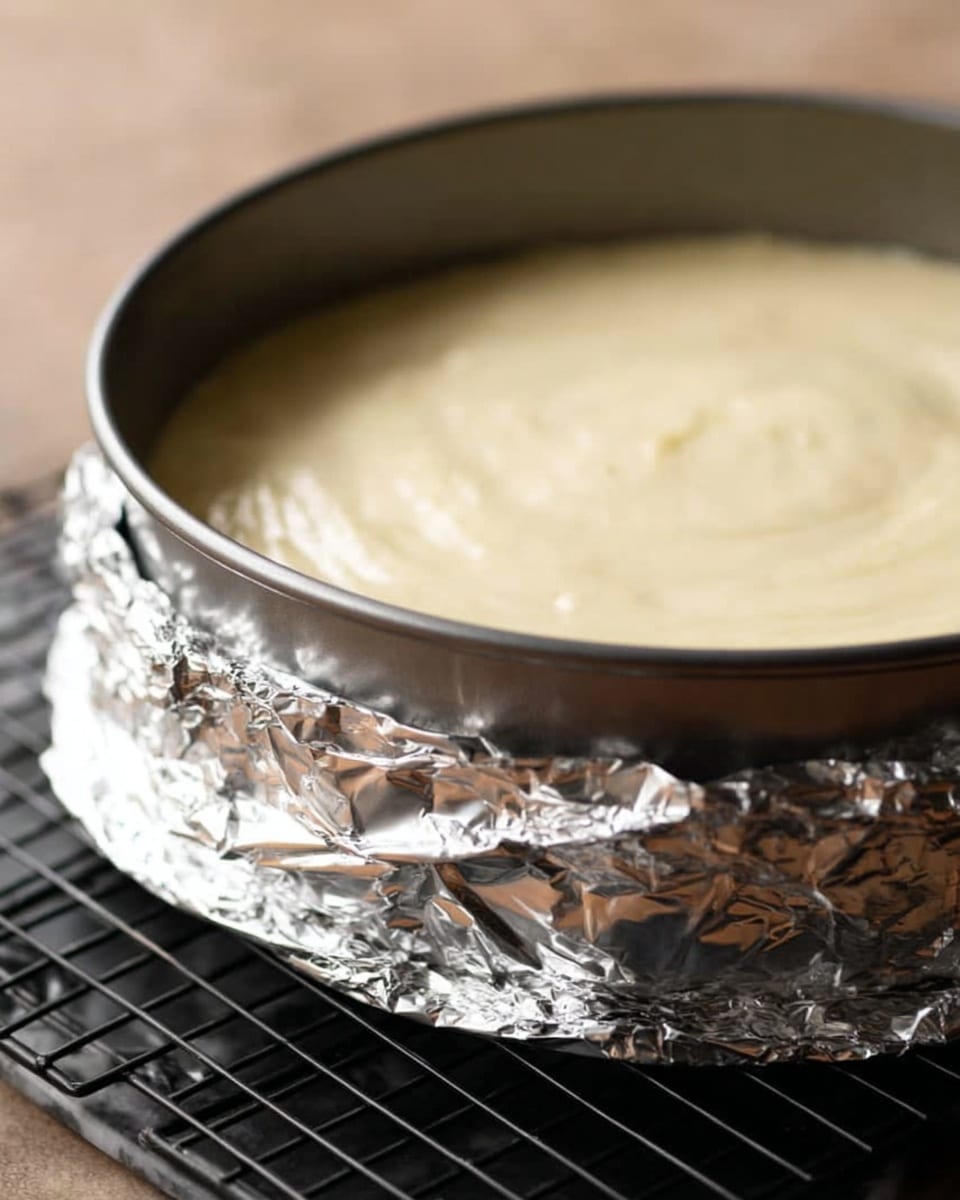 A close-up image shows a round baking pan filled with a smooth, creamy batter on top, ready to bake. The pan is wrapped around the bottom with crumpled silver foil, sitting on a black cooling rack. The setting is on a white marbled surface with soft natural light highlighting the smooth texture of the batter and shiny foil edges. photo taken with an iphone --ar 4:5 --v 7