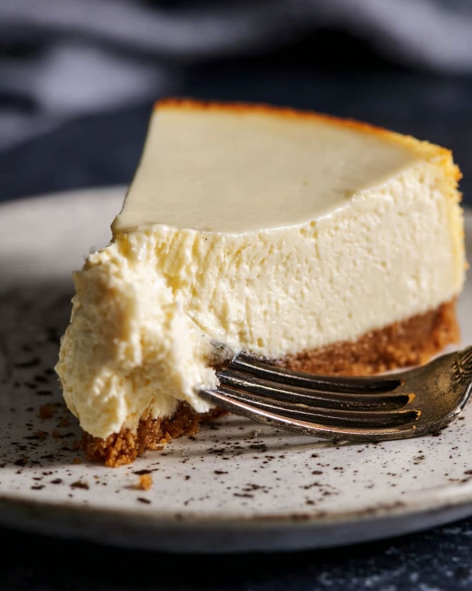 A single slice of cheesecake with two layers is placed on a white plate with a speckled texture. The bottom layer is a thin, crumbly brown crust, while the top layer is thick, creamy, and pale yellow with a smooth, slightly uneven surface. The background shows a soft white marbled texture, and a blurred beige cloth is partially visible behind the plate. Photo taken with an iphone --ar 4:5 --v 7