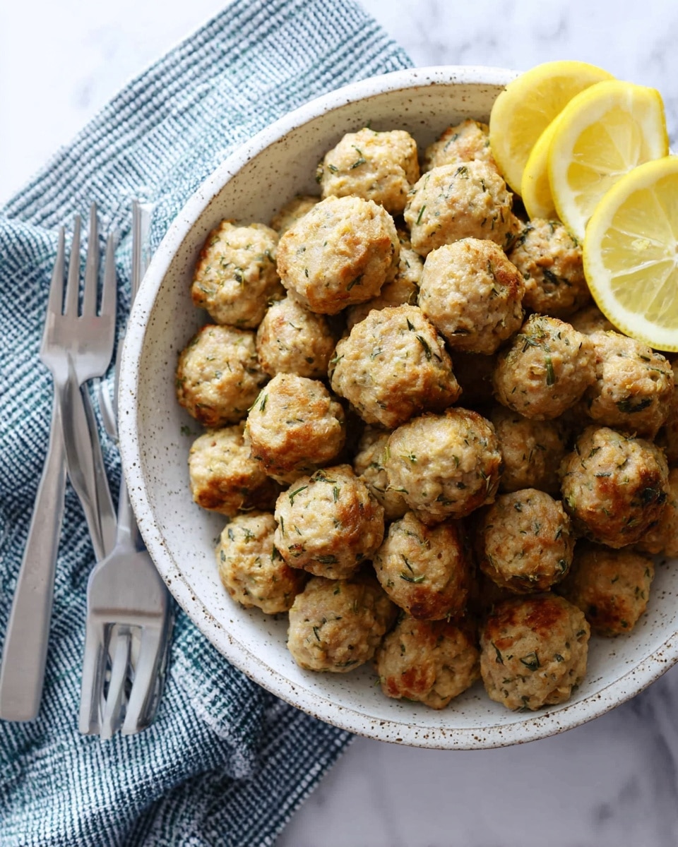 A large white bowl filled with many small, round, light beige meatballs speckled with green herbs. The meatballs have a slightly rough and cooked texture with some browned spots. On the side of the bowl, there are two lemon wedges with bright yellow color. The bowl is placed on a blue and white checkered cloth, resting on a surface with a white marbled texture. photo taken with an iphone --ar 4:5 --v 7