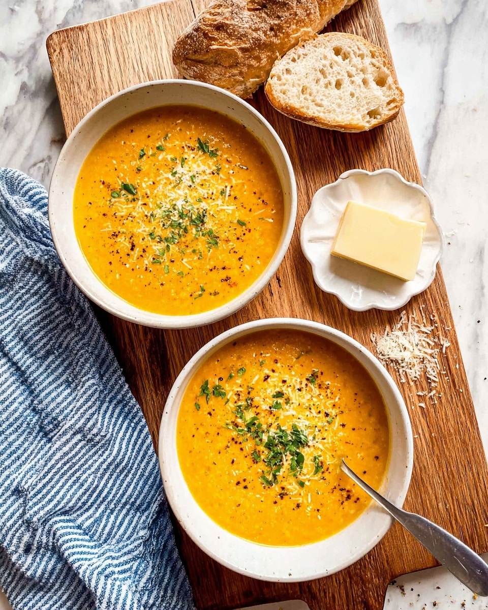 Two white bowls filled with thick, bright orange soup, topped with grated light yellow cheese, dark specks of black pepper, and chopped green herbs. One bowl has a silver spoon resting inside it. The bowls sit on a wooden board with rough pieces of crusty bread placed next to them. Nearby, two rectangular pieces of pale yellow cheese rest on a small white dish with a scalloped edge. A blue and white striped cloth lies casually on the left side of the board, all on a white marbled surface. photo taken with an iphone --ar 4:5 --v 7