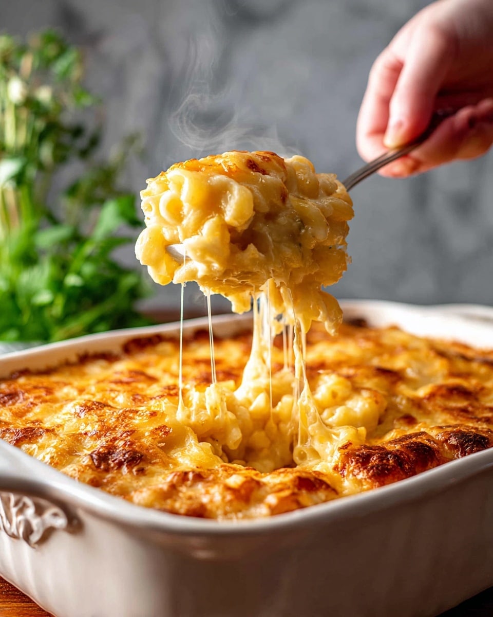 A close-up of a spoon lifting a scoop of macaroni and cheese from a large white baking dish, showing a thick layer of creamy, golden-yellow baked cheese sauce covering tender elbow pasta beneath a slightly browned, bubbly cheese crust on top, with stringy melted cheese stretching from the dish to the spoon, steam rising from the hot dish. A woman's hand holds the spoon, and the background has a soft focus with green herbs visible against a white marbled texture surface. Photo taken with an iphone --ar 4:5 --v 7