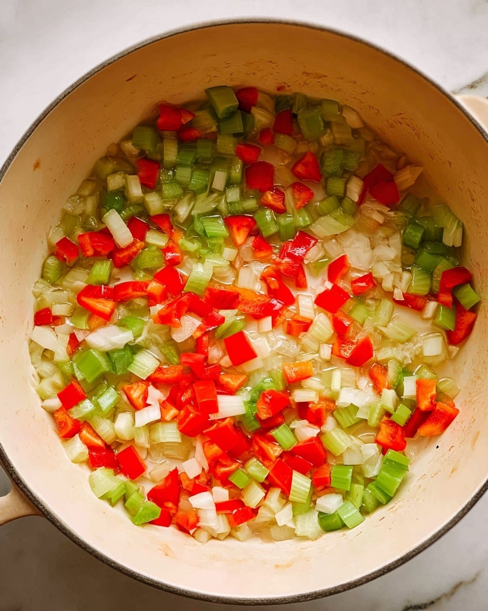 The image shows a close-up of a white pot with small chopped vegetables being cooked. The vegetables form one visible layer inside the pot and include red bell peppers with a smooth texture and bright red color, green celery pieces with a crisp appearance, and pale yellow onions that look soft and slightly translucent. The vegetables are spread unevenly over the bottom of the pot against the light beige interior surface. The pot is placed on a white marbled surface. photo taken with an iphone --ar 4:5 --v 7