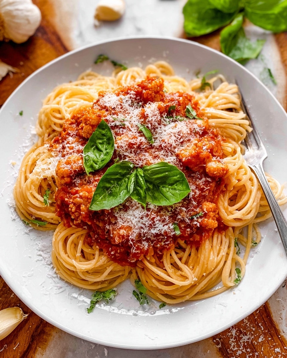 A white plate holds a nest of spaghetti noodles covered with a thick layer of red tomato sauce mixed with small chunks of cauliflower. On top of the sauce, there is a light sprinkling of grated cheese creating a snowy texture. Fresh green basil leaves rest over the pasta, adding a lively contrast. A silver fork is tucked partly into the noodles on the right side of the plate. The plate sits on a white marbled surface with some scattered garlic cloves and green leaves visible in the background. photo taken with an iphone --ar 4:5 --v 7
