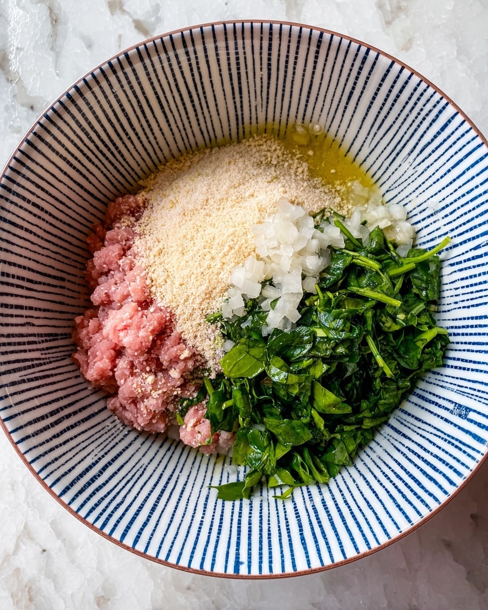 A top view of a white bowl with navy blue vertical lines and dots along the rim, filled with five visible layers of ingredients. At the bottom left, there is a layer of raw pink ground meat. Above it, a light beige powdery layer, probably breadcrumbs or grated cheese. To the top center, a pile of finely chopped translucent white onions. To the bottom right, bright green fresh chopped spinach leaves take up about one-third of the bowl. Finally, in the middle right, a pale yellow liquid, likely oil, pools slightly around the layers. The bowl is placed on a white marbled surface. photo taken with an iphone --ar 4:5 --v 7