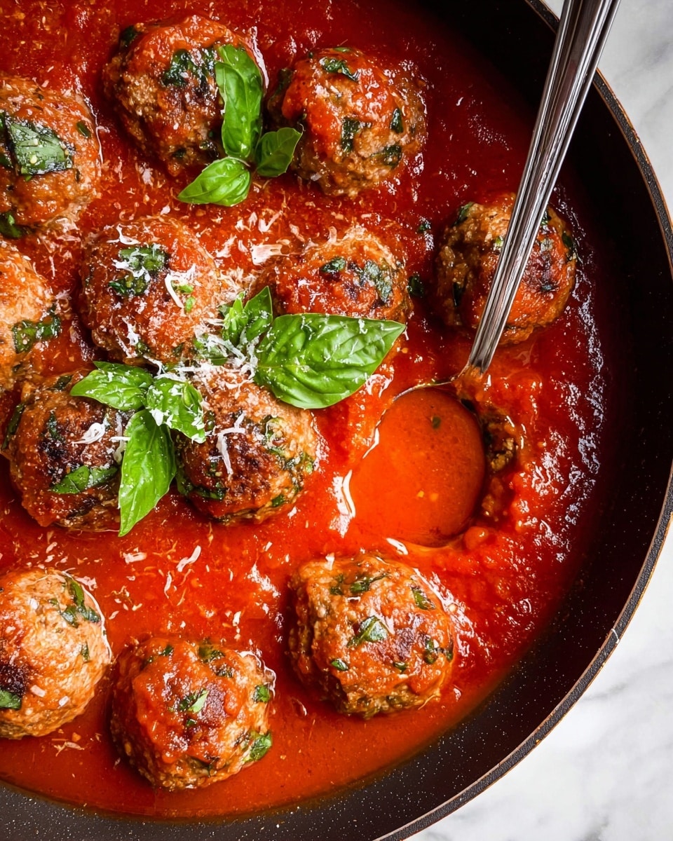 The image shows a close-up of a black pot filled with bright red tomato sauce, with twelve browned meatballs scattered on top. The meatballs have visible green herbs mixed inside and some fresh chopped green herbs sprinkled over them. In the middle of the pot, three fresh whole green basil leaves lay on the sauce and meatballs, adding a fresh green contrast to the red and brown colors. The texture of the sauce looks smooth and thick, while the meatballs have a browned and slightly rough surface. The pot sits on a white marbled surface, and soft natural light highlights the different textures. photo taken with an iphone --ar 4:5 --v 7