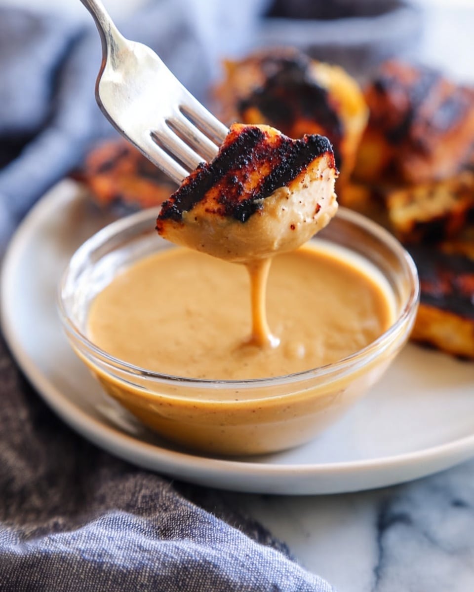 A piece of grilled food with brown grill marks and a light brown sauce dipped on one side is held by a silver fork with a white marbled background. The piece is partially dipped into a small round glass bowl filled with smooth, creamy light brown sauce. In the background, there are more pieces of grilled food on a white plate. The whole scene is clear and focused on the dipped piece of food. Photo taken with an iphone --ar 4:5 --v 7