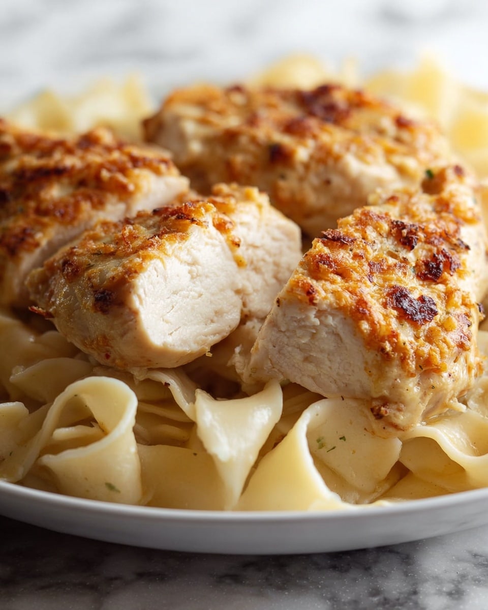 The image shows a close-up of several pieces of baked chicken on a white plate. The chicken pieces have a golden brown, slightly crispy top layer with some darker browned spots and a creamy, textured surface with small bits of browned cheese or sauce. There are green herb flakes sprinkled lightly over the chicken pieces, giving a touch of color contrast. The plate sits on a white marbled surface that is blurred in the background. photo taken with an iphone --ar 4:5 --v 7