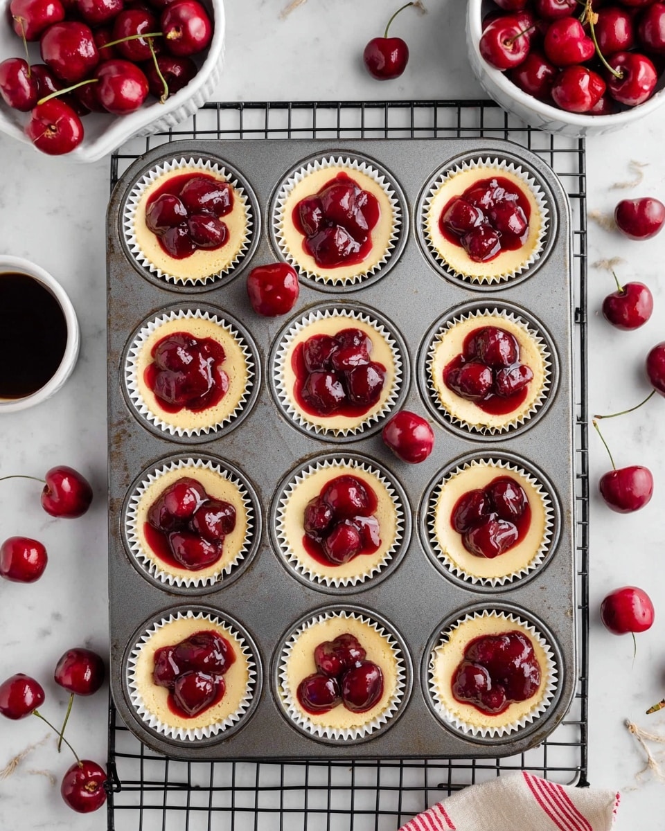 A metal muffin tray filled with twelve mini cheesecakes, each lined with white paper cups. Each cheesecake has a smooth, light yellow creamy base topped with a bright red cherry topping that looks juicy and glossy, with whole cherries visible on each piece. The tray rests on a white marbled surface with a black cooling rack partially underneath. Some fresh cherries with stems lay scattered around the tray, adding a natural touch. In the top part of the image, two white dishes are visible, one with more cherries and the other with a dark syrup. Photo taken with an iphone --ar 4:5 --v 7