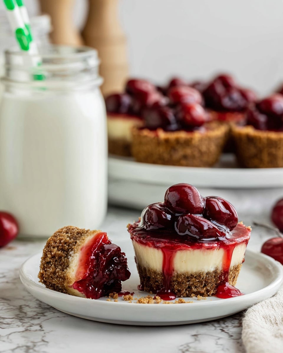 The image shows eight small cheesecakes arranged on a white plate with a slightly raised edge, set on a white marbled surface. Each cheesecake has three visible layers: a golden brown crumbly base, a smooth creamy pale yellow middle cheesecake layer, and a thick, glossy bright red cherry topping with whole cherries covered in shiny red syrup. The cheesecakes are evenly spaced and some fresh dark red cherries sit in the blurred background. A green and white checkered cloth is partially visible in the bottom right corner. Photo taken with an iphone --ar 4:5 --v 7