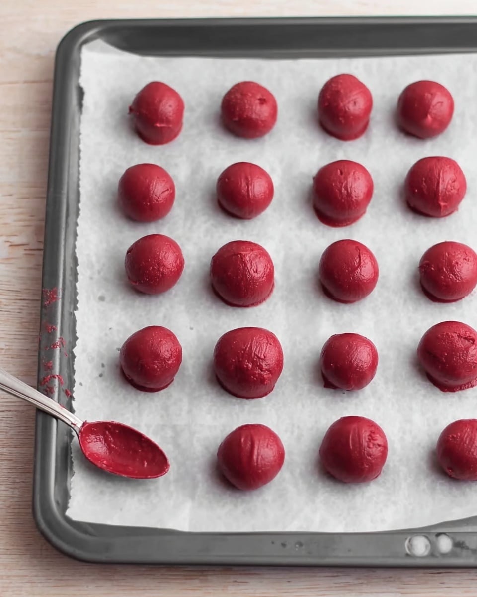 A white rectangular plate holds three rows of round red dessert balls, each sitting in small white paper cups. The balls have a smooth red outer coating with thin white drizzle lines on top. One dessert ball is broken open at the front, revealing a light yellow creamy inside. The plate is set on a white marbled surface with more dessert balls in white paper cups scattered around it. photo taken with an iphone --ar 4:5 --v 7