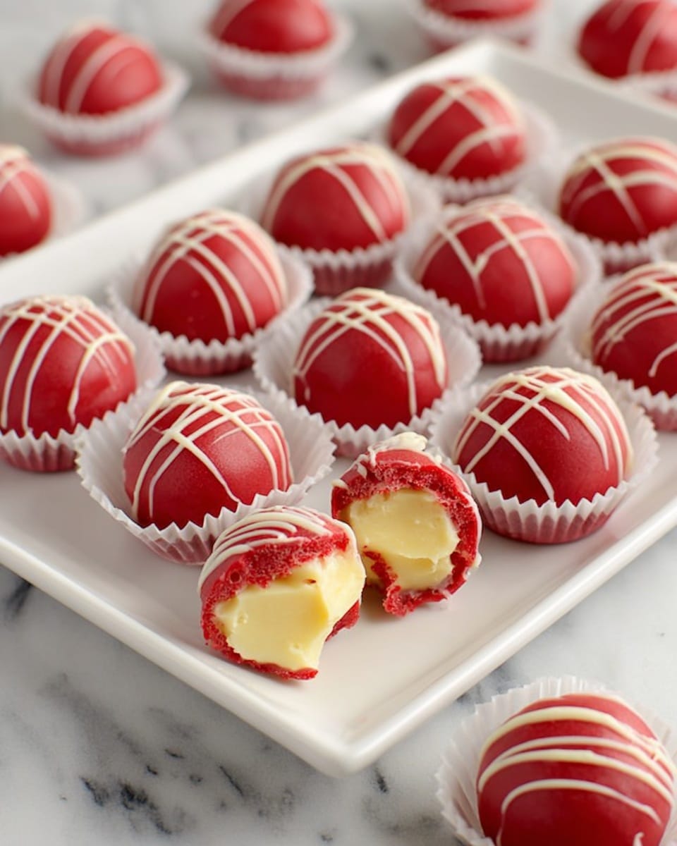 The image shows a white rectangular plate filled with three rows of red round candy balls. Each candy ball is placed in a white paper cup and decorated with thin white drizzle on top in random patterns. Outside the plate, on a light wood surface, there are a few more red candy balls, some on white paper cups, and some without, all with the same white drizzle. There are also scattered white chocolate shreds and extra paper cups on the surface. The light wood background creates a warm contrast to the bright red candy balls. photo taken with an iphone --ar 4:5 --v 7