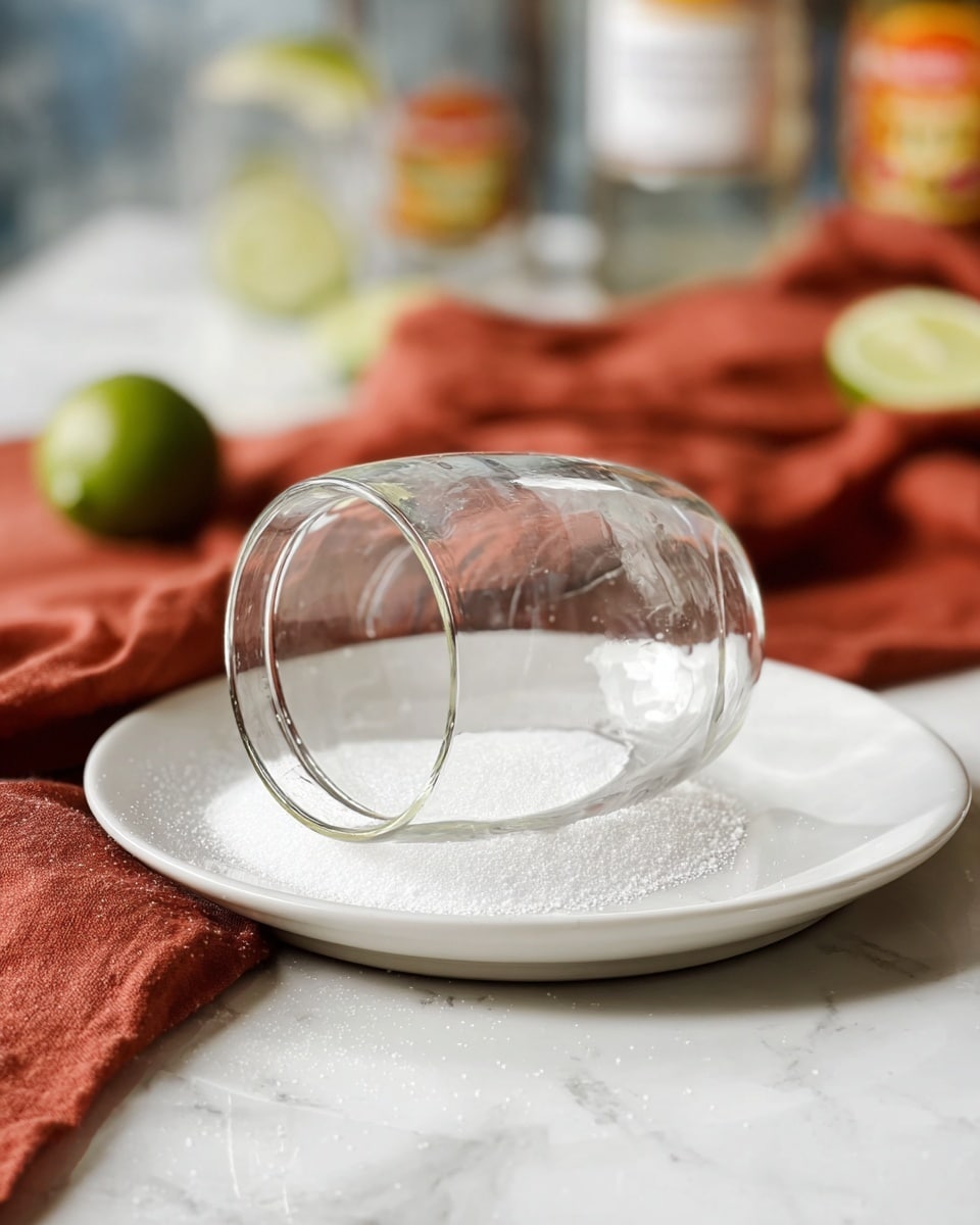 The image shows two clear glasses filled with a pale, slightly milky drink, topped with large ice cubes and a small green lime wedge floating on top; the rims of the glasses are coated with a layer of coarse salt, and the glasses sit on a soft, red cloth that is draped on a white marbled surface. In the foreground, there are three bright green lime wedges placed casually on the cloth. In the background, a white plate holds a light beige crunchy snack garnished with green herbs and sliced jalapeños. The setting includes blurred elements like a clear bottle and a silver shaker, enhancing the focus on the drinks and lime wedges. photo taken with an iphone --ar 4:5 --v 7