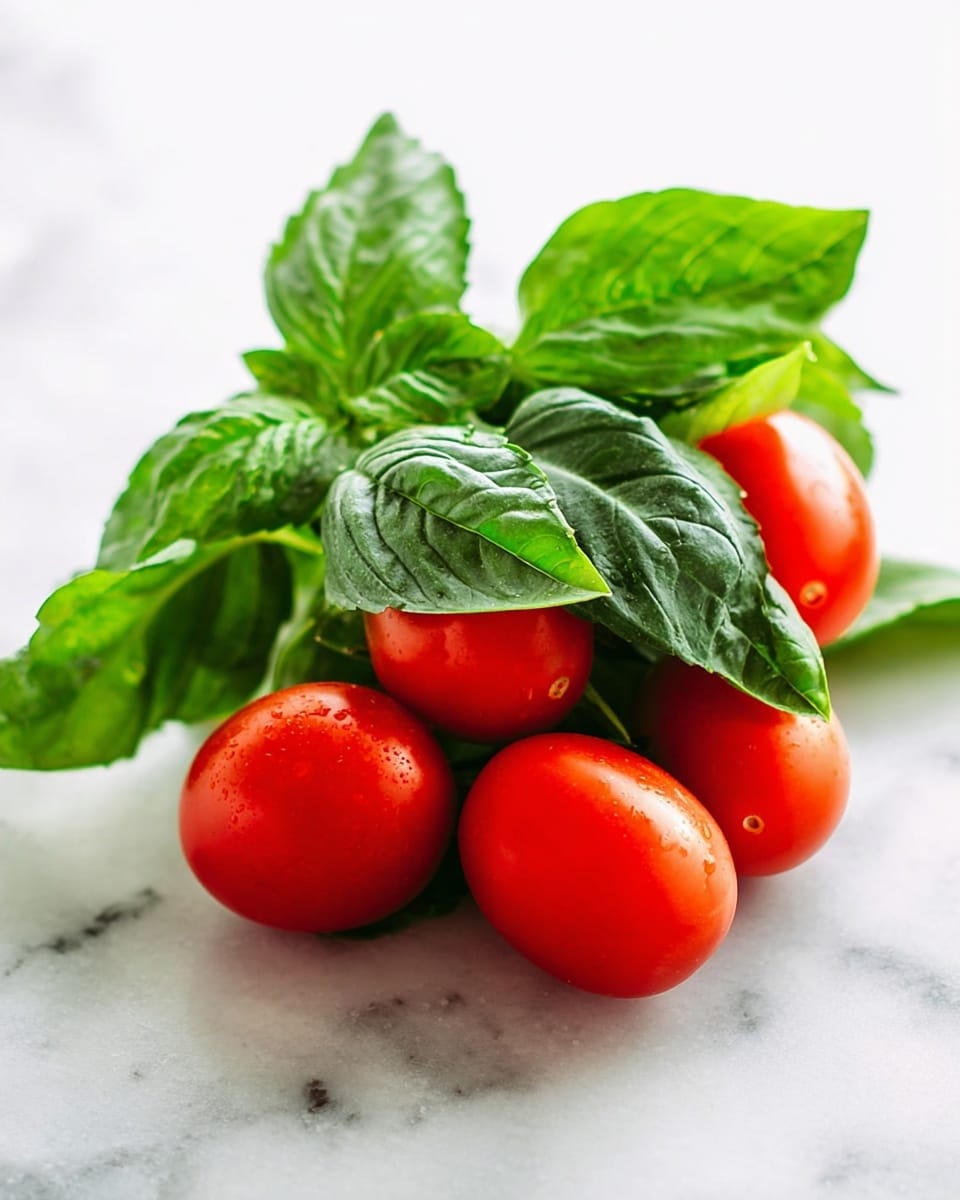 This image shows a small bunch of fresh red tomatoes with smooth, shiny skin resting on a white marbled surface. At the top of the tomatoes, there is a layer of bright green basil leaves, which have a slightly wrinkled texture and natural veins showing. The green basil leaves sit partly covering the tomatoes, creating a contrast between the vibrant red and deep green colors. The scene is bright and clear, highlighting the freshness of the ingredients. photo taken with an iphone --ar 4:5 --v 7