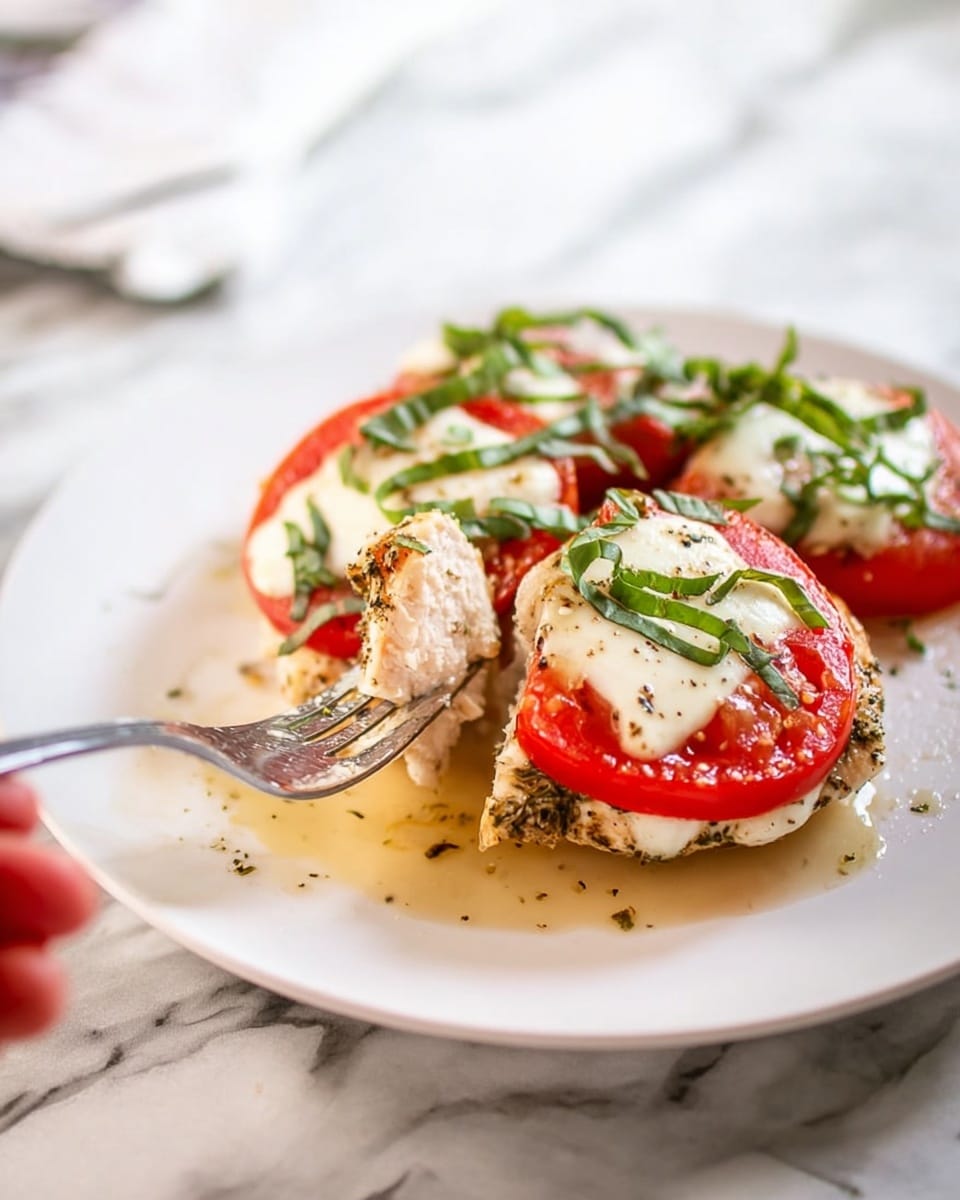 The image shows a white plate with a piece of cooked chicken as the base layer, topped with two thick slices of bright red tomato. Over the tomatoes, there are dollops of white melted cheese, and on top, thin strips of fresh green basil are sprinkled. The chicken looks seasoned with green herbs and black pepper. Some light brown sauce or juice pools around the food on the plate. A woman's hand holding a fork is lifting one piece from the plate, and the background is a white marbled texture. photo taken with an iphone --ar 4:5 --v 7