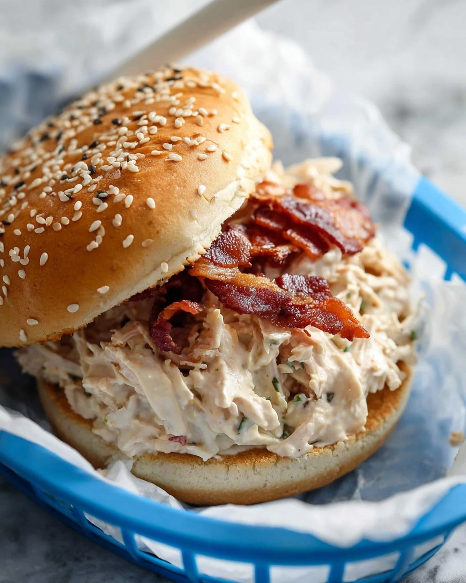 A sandwich held by two hands with a sesame seed bun on top and bottom. Inside the sandwich, there is a thick layer of shredded white chicken salad mixed with creamy dressing, topped with small pieces of crispy brown bacon. The sandwich looks soft and full, with the chicken salad slightly spilling out from the sides. The background is a white marbled texture. Photo taken with an iphone --ar 4:5 --v 7