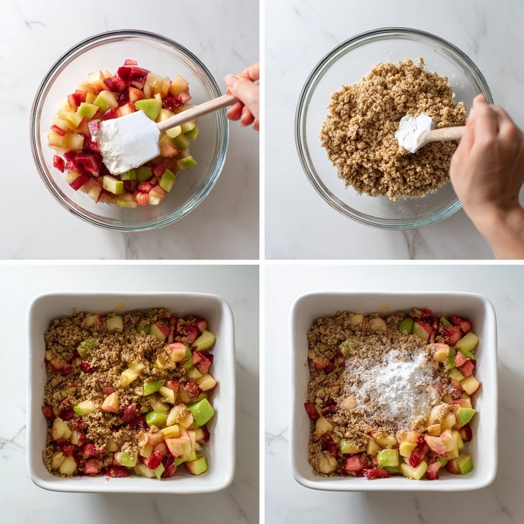 There are four images showing the steps to make a dessert. In the first image, diced red and green fruit pieces are mixed with white powder in a clear glass bowl held by one woman's hand while the other woman's hand stirs with a white spatula. The second image shows two woman's hands breaking crumbly, light brown oat mixture in the same clear glass bowl over a white marbled surface. The third image presents a white square baking pan filled with evenly spread diced fruit pieces in red, green, and yellow shades on the white marbled surface. The last image shows two woman's hands sprinkling and pressing crumbly oat topping over the fruit layer in the white baking pan. photo taken with an iphone --ar 4:5 --v 7