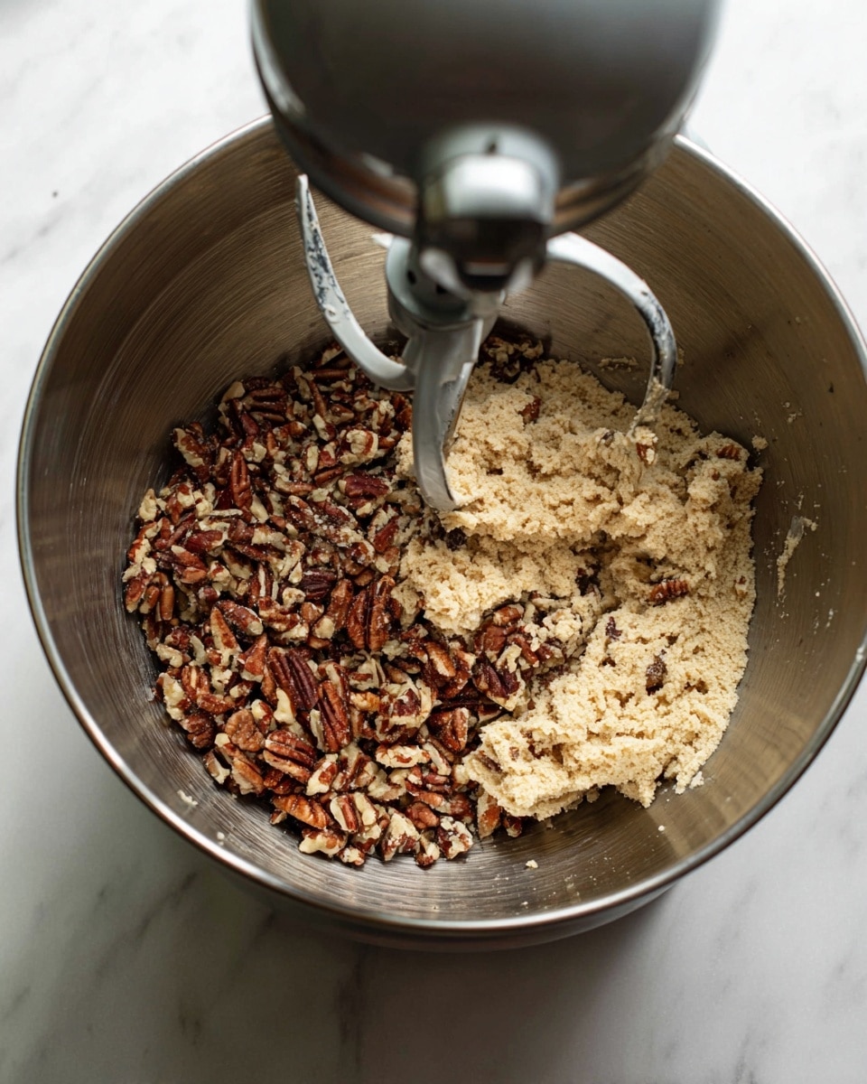 Inside a stainless steel mixing bowl, there is a mixture of light beige dough and roughly chopped pecans. The dough has a crumbly texture and is placed mostly on the right side of the bowl, while the pecans with dark brown and tan shades are spread on the left. Above the mixture, a silver mixer attachment is partly visible, hovering over the ingredients. All this is set on a white marbled surface. photo taken with an iphone --ar 4:5 --v 7