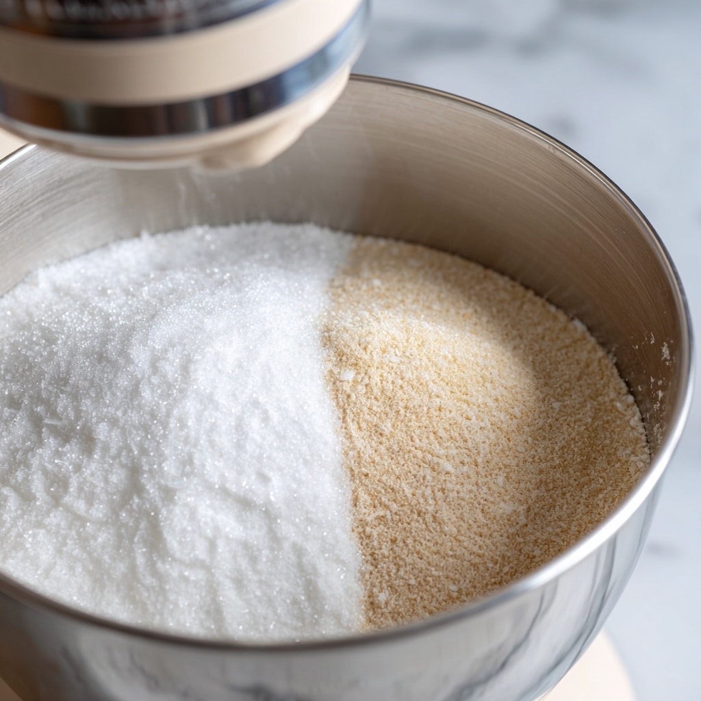 The image shows a close-up of a metal mixing bowl attached to a stand mixer, placed on a white marbled surface. Inside the bowl, there is a thin layer of dry white ingredients, with one side covered by fine white sugar crystals and the other side by light beige flour powder. The shiny metallic surface of the bowl contrasts with the soft, powdery textures inside. The top part of the mixer, in grey and metallic colors, is slightly blurred in the background. photo taken with an iphone --ar 4:5 --v 7