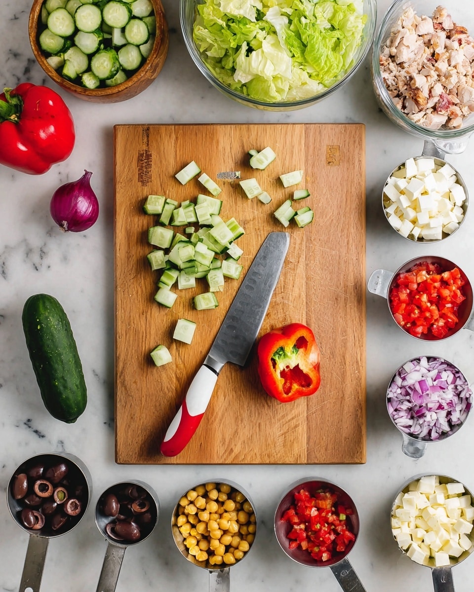 A wooden cutting board is placed on a white marbled surface with various fresh ingredients arranged around it. There are chopped cucumber pieces scattered next to a large knife with a red and white handle lying on the board. To the left of the knife is a whole cucumber and some small red tomatoes, some whole and some halved in a metal measuring cup. Below the cucumbers is a small metal measuring cup with dark sliced olives. On the right side of the knife, there are metal measuring cups filled with diced red bell peppers, chickpeas, chopped red onion, and yellow pepper rings. A red bell pepper and a whole purple onion sit on the board as well. To the top left, a bowl filled with chopped lettuce sits next to another container of larger cucumber chunks, and a white bowl with diced chicken is at the top right. A metal measuring cup filled with white cheese cubes is on the left side of the board. The scene looks fresh and ready for salad preparation, photo taken with an iphone --ar 4:5 --v 7