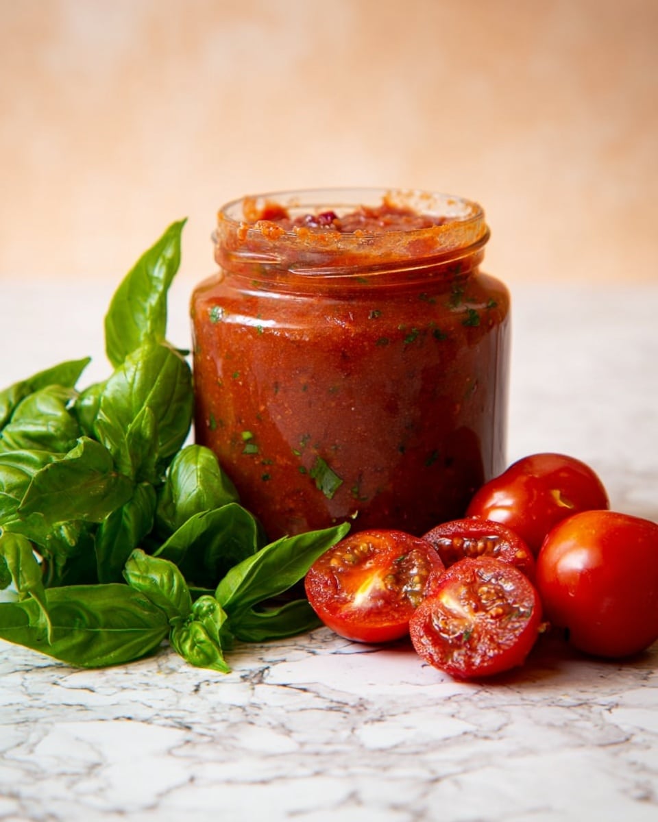The image shows a clear glass jar filled with chunky red tomato sauce with bits of green herbs visible inside. The jar is open with some sauce around the rim. On the right side of the jar, there are three whole red tomatoes and three tomato wedges showing juicy red flesh and seeds. On the left side of the jar, there is a bunch of fresh green basil leaves with a slightly wrinkled texture. All items are placed on a white marbled surface with a warm light background. Photo taken with an iphone --ar 4:5 --v 7