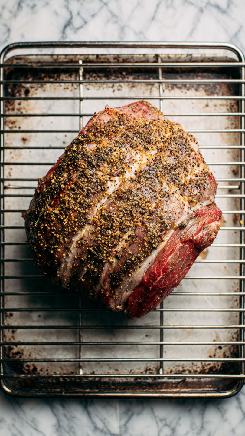 A large, round piece of meat sits on a grill grate, covered evenly with a coarse, dark pepper and mustard-colored mustard spice rub. The meat shows layers of marbled fat and reddish-brown muscle, giving a textured and seasoned look. The grill is metal with visible char marks and a dark, weathered appearance, all set against a white marbled texture background. photo taken with an iphone --ar 4:5 --v 7