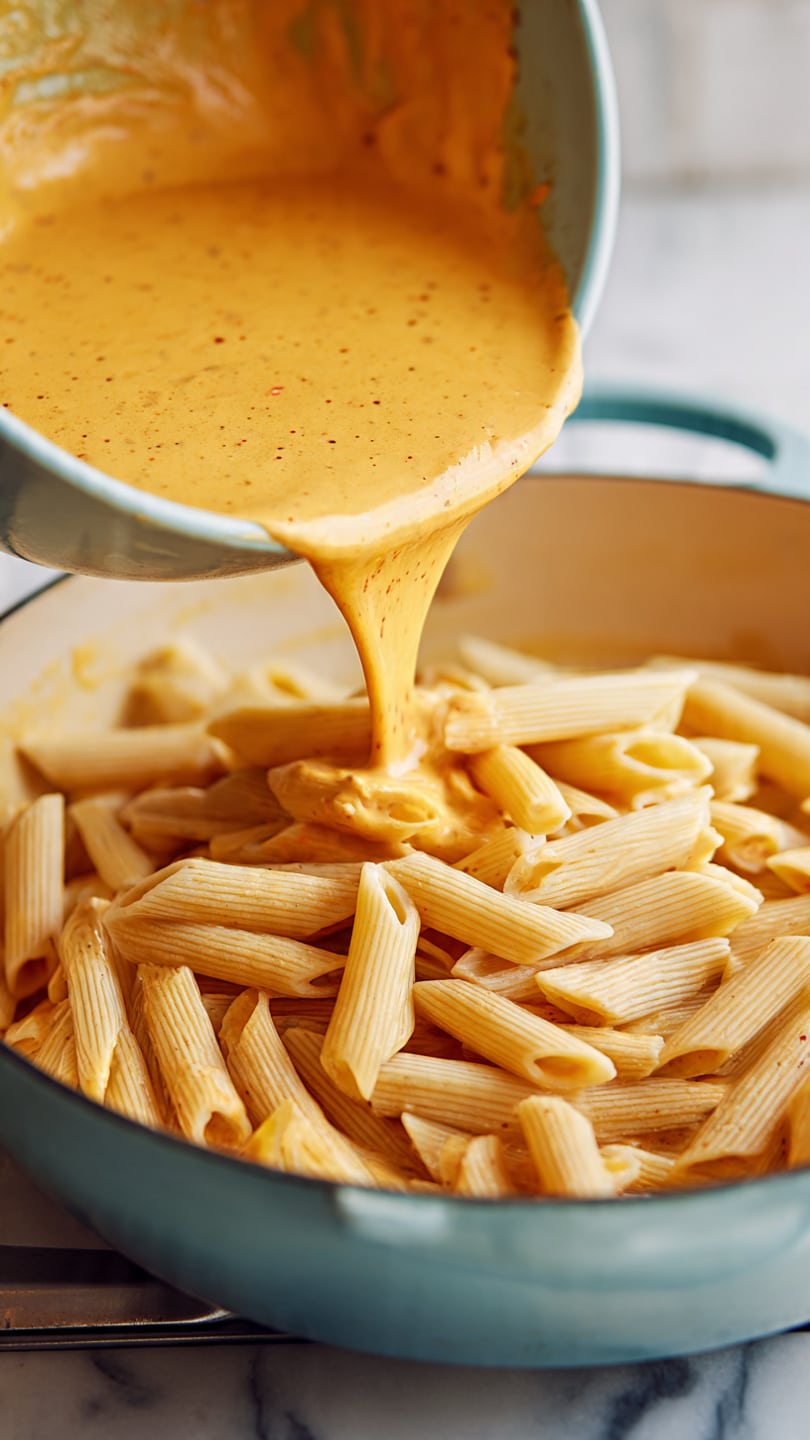 A close-up shot of cooked penne pasta being poured from a light blue bowl into a pan with creamy orange sauce, with the penne pasta showing a smooth, slightly ridged texture and pale golden color. The creamy sauce beneath is thick with visible specks of seasoning, and the scene is set on a stovetop with the pan rim and handle visible. The background surface is a white marbled texture. Photo taken with an iphone --ar 4:5 --v 7