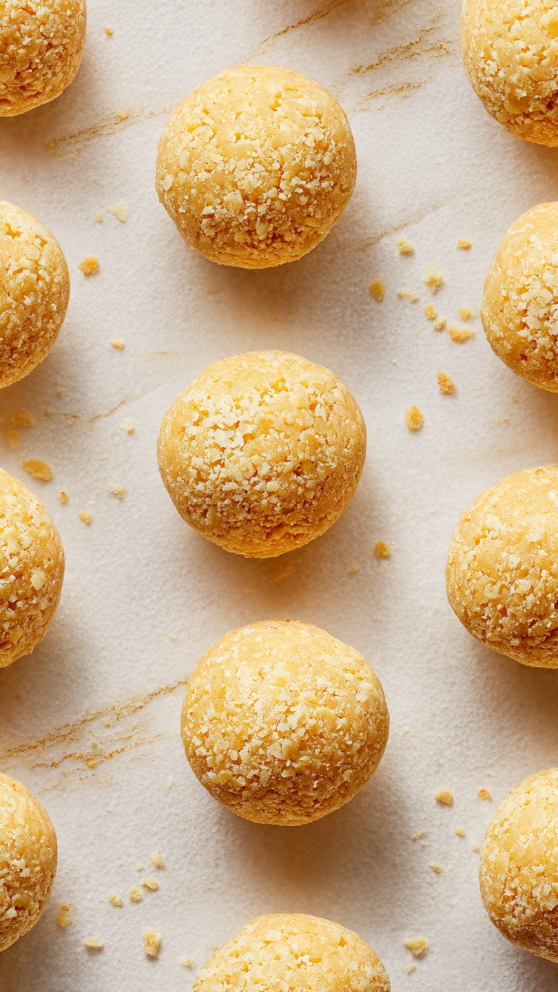 The image shows two layers of round balls placed on a white marbled surface lined with white parchment paper. The front layer has beige-colored balls with a rough texture, looking like a dough or peanut butter base. The back layer has the same balls, but they are coated in smooth, shiny dark chocolate, with some chocolate drips spreading out onto the parchment. The balls are arranged in rows and appear freshly made. Photo taken with an iphone --ar 4:5 --v 7