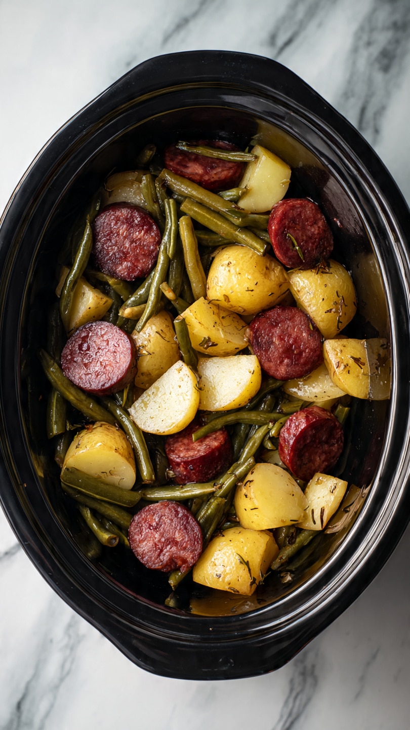 This image shows a mix of cooked green beans, sliced reddish-brown sausage pieces, yellow-brown potato chunks, and translucent cooked onion pieces all together inside a black slow cooker. The green beans are long and thin, lying across and over the other ingredients. The sausage pieces have a smooth, slightly shiny texture with a reddish color and a few spices visible. The potato chunks are uneven in shape with a soft, cooked texture and light yellow color. The onion pieces are soft and slightly browned, scattered throughout the dish. The background is a white marbled texture. photo taken with an iphone --ar 4:5 --v 7