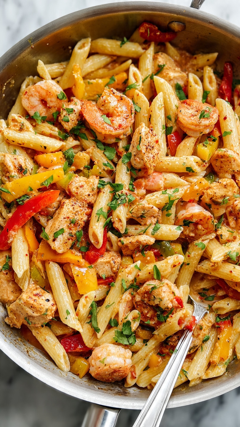 The image shows a large pan filled with a colorful pasta dish made of light yellow penne pasta mixed with pink shrimp, small pieces of cooked chicken, and bright red and yellow bell pepper chunks. The pasta is cooked and coated with a light sauce that has a slightly orange tint, with some specks of seasoning visible. The dish is topped with fresh green chopped herbs sprinkled evenly on top. There is a silver fork partially buried in the pasta near the bottom right. The background is a white marbled texture. Photo taken with an iphone --ar 4:5 --v 7