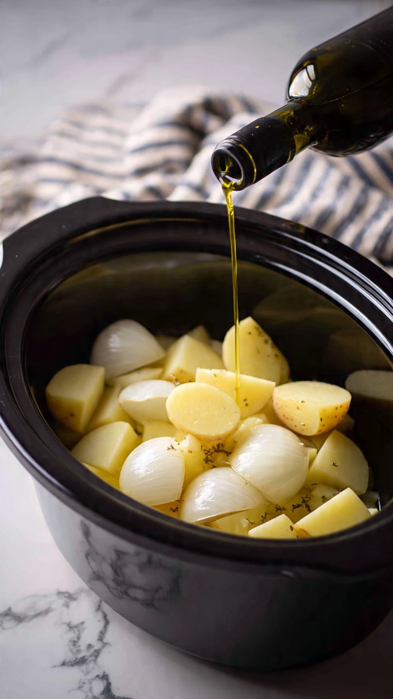 Inside a black slow cooker, there is a mix of three main layers: green beans, sliced sausage, and potato pieces. The green beans are long, thin, and scattered all around, their green color slightly cooked and wilted. The sausage is cut into thick, round slices with a dark red-brown color and a smooth texture, placed unevenly among the other ingredients. The potato chunks are golden-yellow with browned edges, showing a soft but firm texture, filling the spaces between the green beans and sausages. The ingredients look cooked together with slight seasoning visible on the surface. The slow cooker rests on a white marbled surface. photo taken with an iphone --ar 4:5 --v 7
