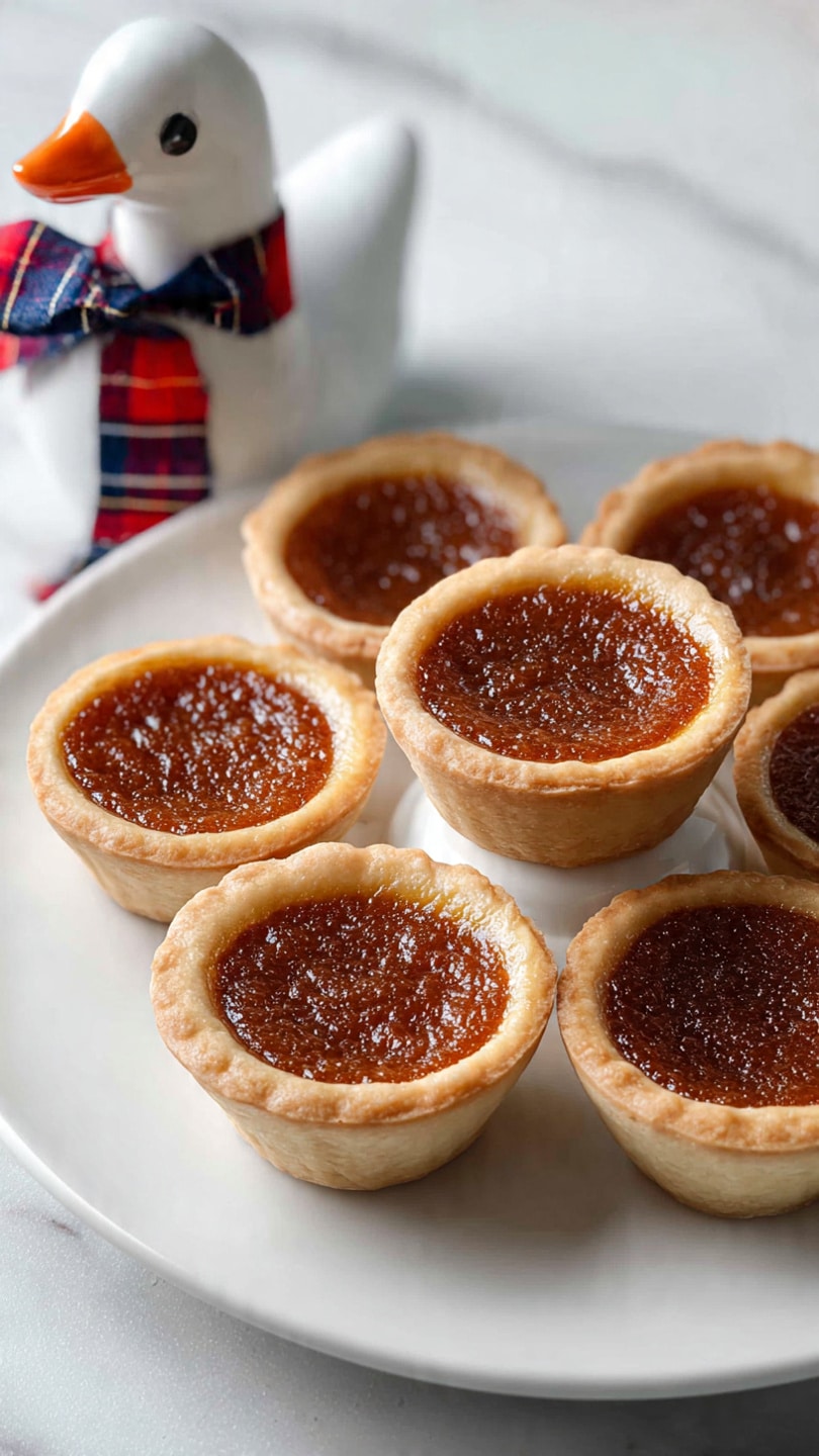This close-up image shows a group of mini tarts arranged on a white plate, placed on a two-level stand. Each tart has a thick, light brown crust with a smooth texture. The filling is golden brown and shiny, with a slightly darker top layer and some dark raisins embedded inside. Two tarts in the center are cut in half, showing the crust surrounding the layered filling that has a golden yellow base and darker raisin pieces above it. The background is softly blurred with a white marbled texture. photo taken with an iphone --ar 4:5 --v 7