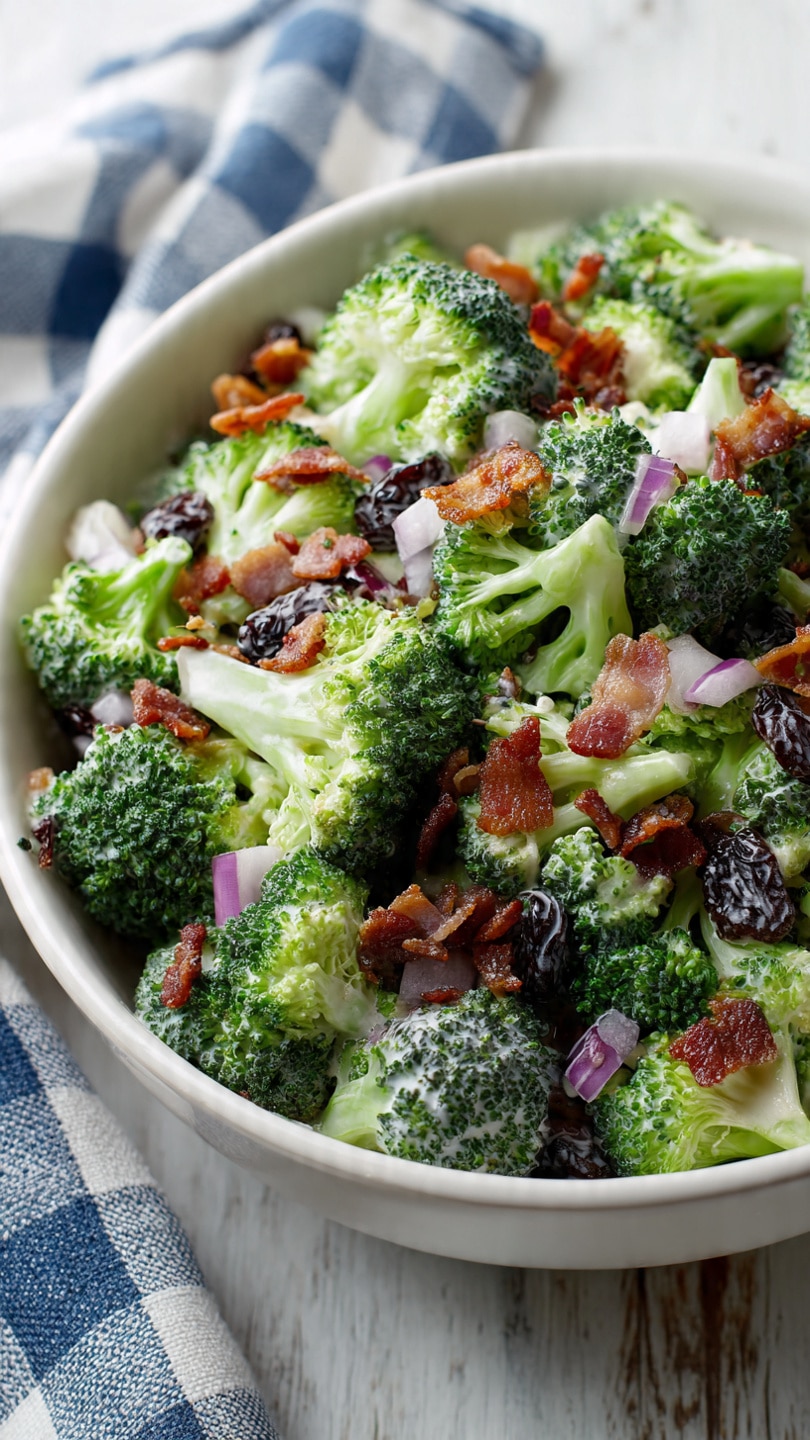 The image shows a close-up of a broccoli salad in a white bowl placed on a wooden surface with a blue and white checkered cloth nearby. The salad has many small green broccoli florets as the main layer, which look fresh and crisp. Scattered throughout are pieces of crispy brown bacon strips resting on top of the broccoli. Small bits of white chopped onion and purple red onion are mixed evenly across the salad. Dark red dried cranberries are spread over the broccoli, adding contrast in color. There are also light tan sunflower seeds scattered throughout the salad. A creamy dressing lightly coats the broccoli and other ingredients, giving them a slight glossy texture. The photo is taken with an iphone --ar 4:5 --v 7