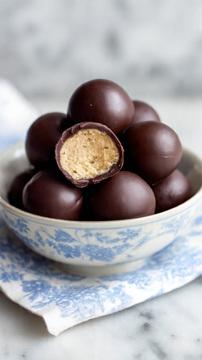 The image shows a small pile of round chocolate-covered balls inside a white bowl with a soft blue pattern. Each ball is smooth and shiny, with a dark brown chocolate layer on the outside. One ball is partially bitten, revealing a crumbly, light beige inside layer that looks soft and slightly textured, showing neat contrast between the chocolate shell and the filling. The bowl is placed on a soft cloth with white and blue patterns, all resting on a white marbled surface. photo taken with an iphone --ar 4:5 --v 7